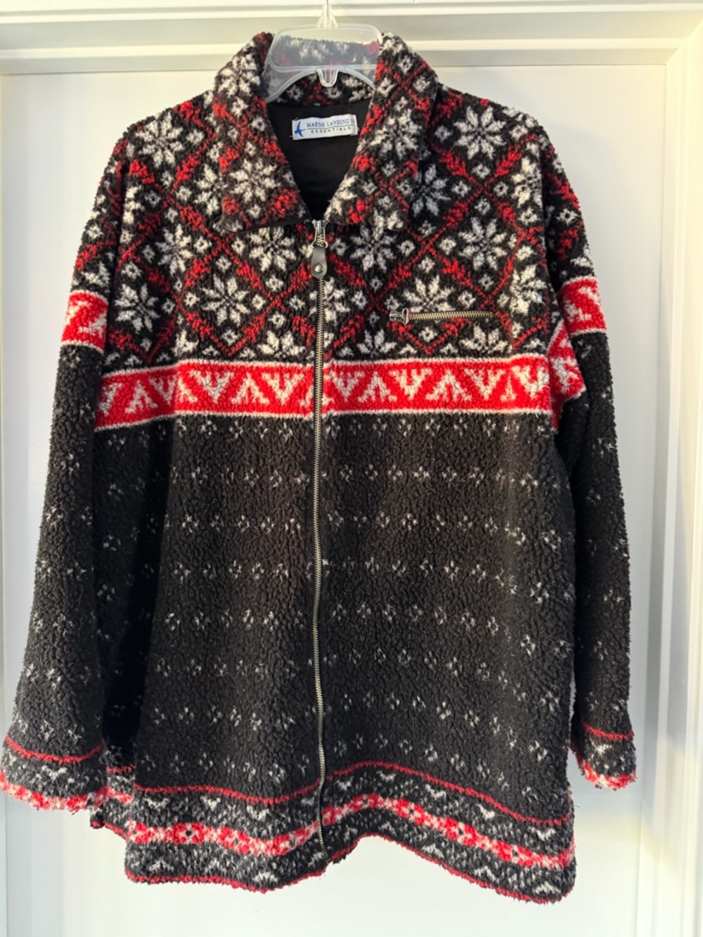 Cozy Zip-Up Fair Isle Fleece Jacket in Black & Red